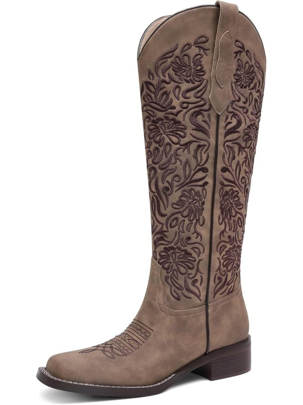 Women's Brown Embroidered Cowboy Boots Knee High Low Block Heel Comfortable